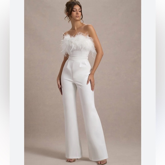 Club L London White Strapless Feather Lined Jumpsuit Wide-Leg Women’s Size 6 - Picture 1 of 9